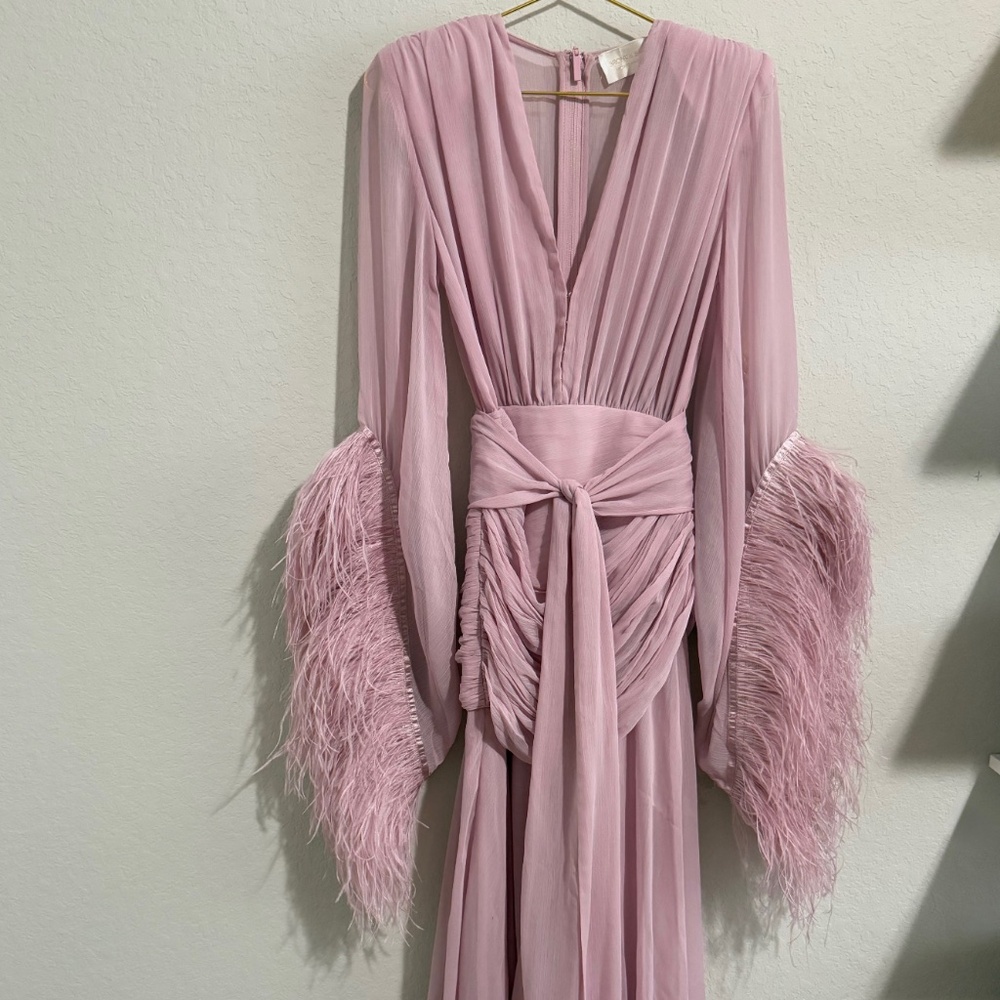 Bronx and Banco Dusty Pink Feather-Trim Maxi Dress